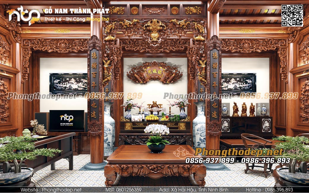 Thiết kế nội thất phòng thờ nhà gỗ 5 gian đẹp đẳng cấp